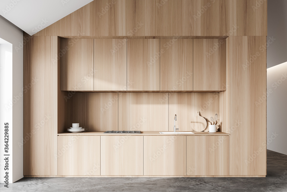 Fototapeta premium White and wooden attic kitchen interior