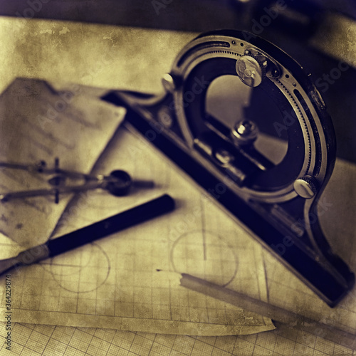 Obraz na plátně drawing tools, concept engineering project vintage / compass pencil paper educat