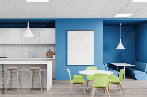 Bright white and blue cafeteria with poster