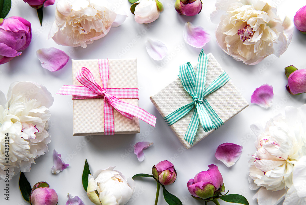 Peony flowers and gift boxes Peony flowers and gift boxes