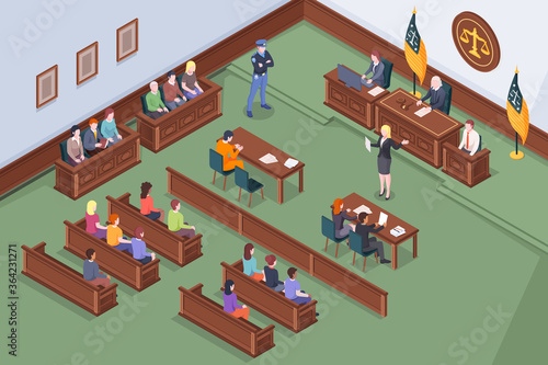 Court hearing at courtroom, judge and justice jury at trial process, vector isometric illustration. Judge, prosecutor and advocate lawyer with accused at court hearing, courthouse justice lawsuit
