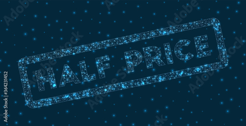 Half price word in digital style. Glowing geometric half price badge. Powerful vector illustration.