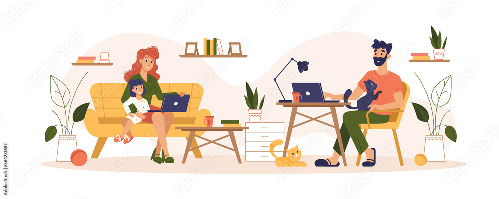 Home routine and work freelance, home office vector flat illustration. Mother and father freelancers working at home office interfering with daily routine life, children nursing and working at laptop Home routine and work freelance, home office vector flat illustration. Mother and father freelancers working at home office interfering with daily routine life, children nursing and working at laptop