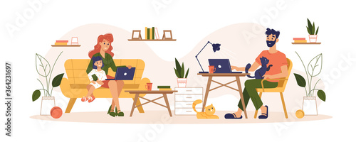 Home routine and work freelance, home office vector flat illustration. Mother and father freelancers working at home office interfering with daily routine life, children nursing and working at laptop