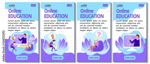 Set of 4 mobile app page templates. Mobile version of the E-learning site. Home education concept. Teacher and students study remotely online. Stock vector flat modern cartoon violet illustration.