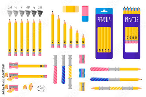 Set of vector cartoon illustrations with simple pencils, pencil sharpener and eraser on white background.