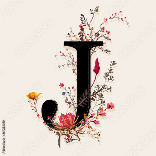 Alphabet " J" with beautiful botanical floral vector EPS10, Desig for fashion,fabric,T-shirt,card ,wedding and all graphic type