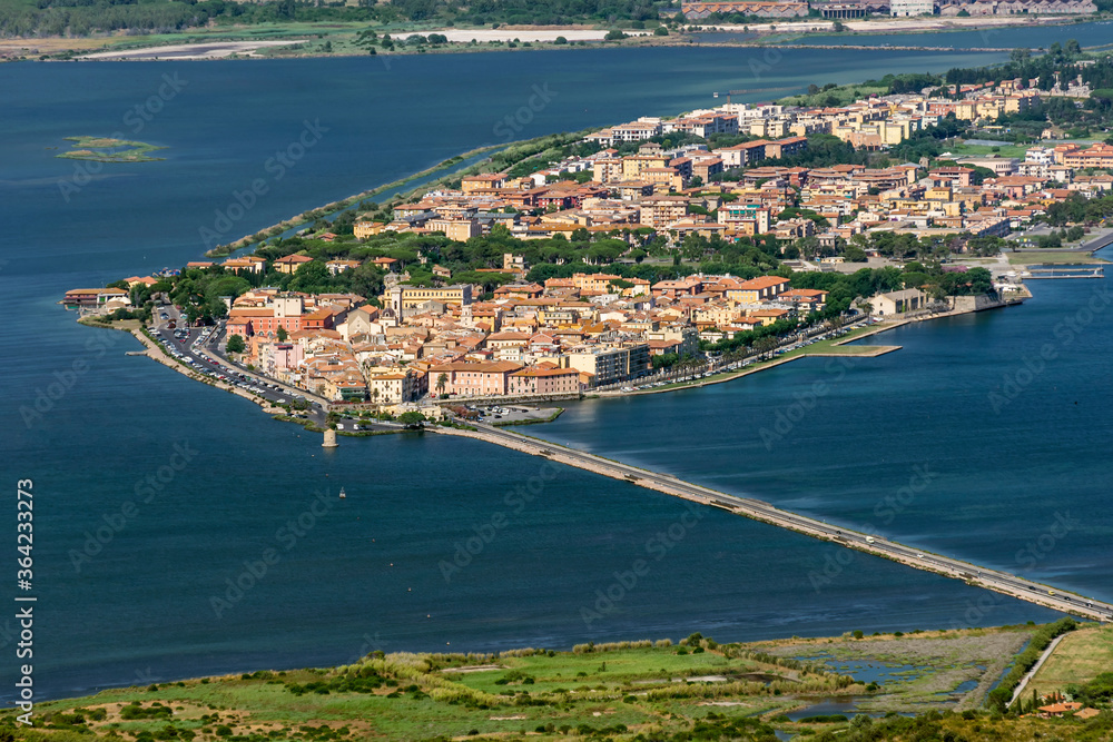 Beautiful aerial view of Orbetello and the Lagoon from the summit of Monte Argentario, Grosseto, Italy