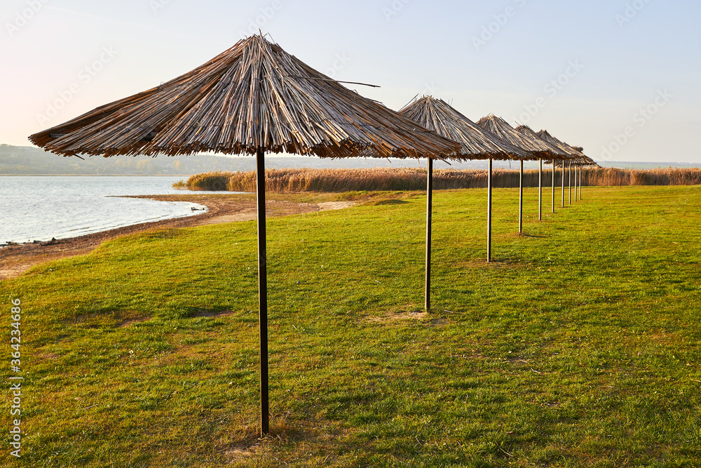Row of sunshades umbrellas made from reeds or straw on the shore of the lake. Recreation area on the lake shore