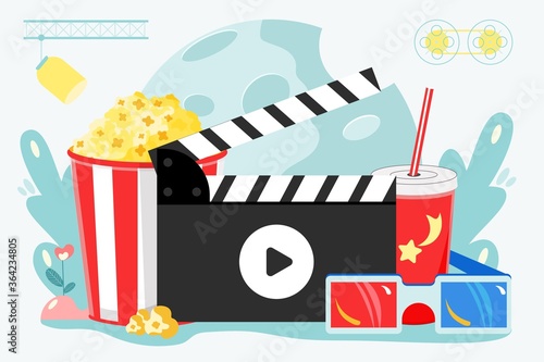 Movie Background cinema concept poster with popcorn bowl clapper drink detailed vector illustration
