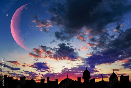 Mosque silhouette against sunset sky   religion background