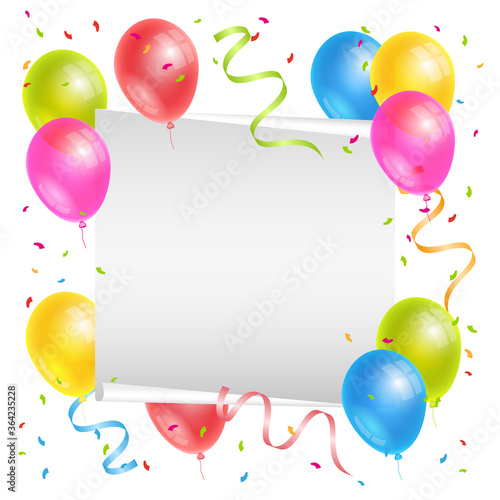 Realistic colorful helium balloons and white sheet. Party decoration frame for birthday, anniversary, celebration. 