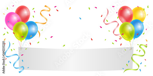 Realistic colorful helium balloons and white sheet. Party decoration frame for birthday, anniversary, celebration. 