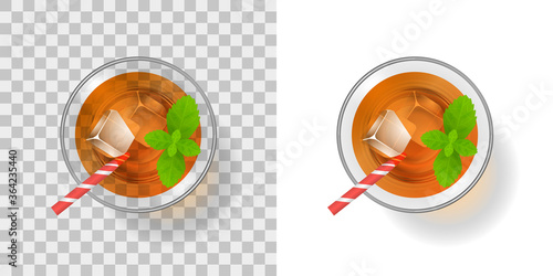 Cocktail in a glass with ice on a transparent background. Top view. A glass of drink and ice.