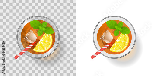 Cocktail in a glass with ice on a transparent background. Top view. A glass of drink and ice.