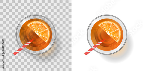 A glass with fresh orange juice on a transparent background. Top view. Drink, cocktail, alcohol in the glass. View from above.