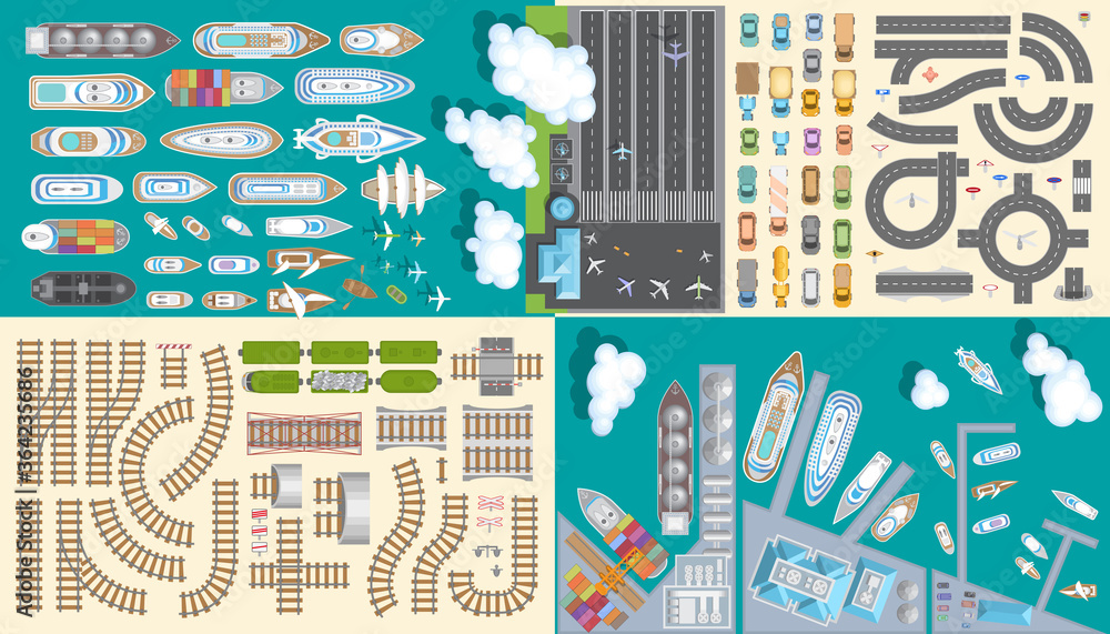 Vector set. Transport and logistic. Top view. Port, ships, railway, road, airport. View from above. Collection for the plan, maps, infographics.