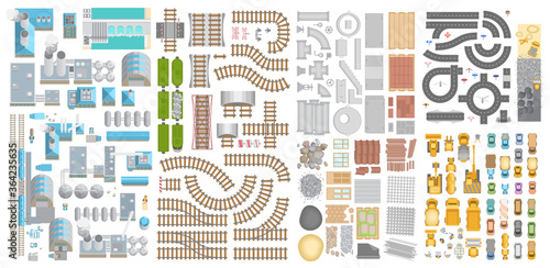 Vector set. Production, construction, transport. Top view. Factories, railway, construction machinery and materials, road and cars.