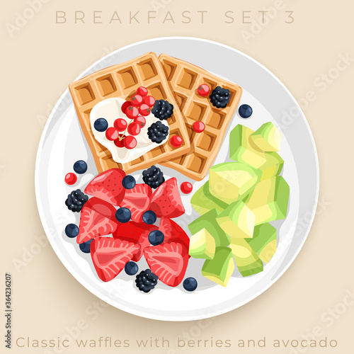 Top view of delicious breakfast set isolated on beige background : Vector Illustration