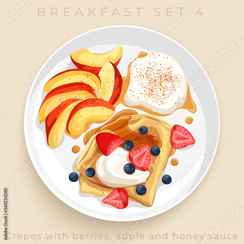 Top view of delicious breakfast set isolated on beige background : Vector Illustration