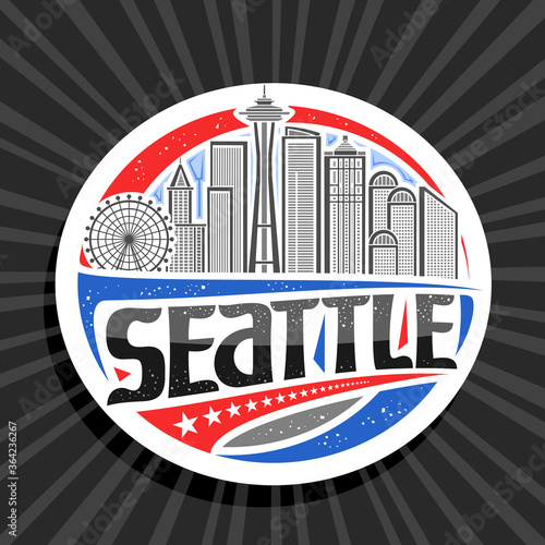 Vector logo for Seattle, white decorative tag with outline illustration of modern seattle city scape on day sky background, art design tourist fridge magnet with unique letters for black word seattle.