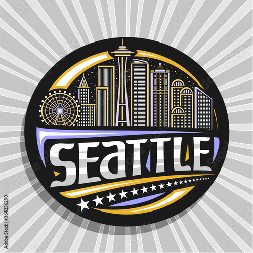 Vector logo for Seattle, black decorative badge with outline illustration of modern seattle city scape on evening sky background, art design tourist fridge magnet with unique letters for word seattle.