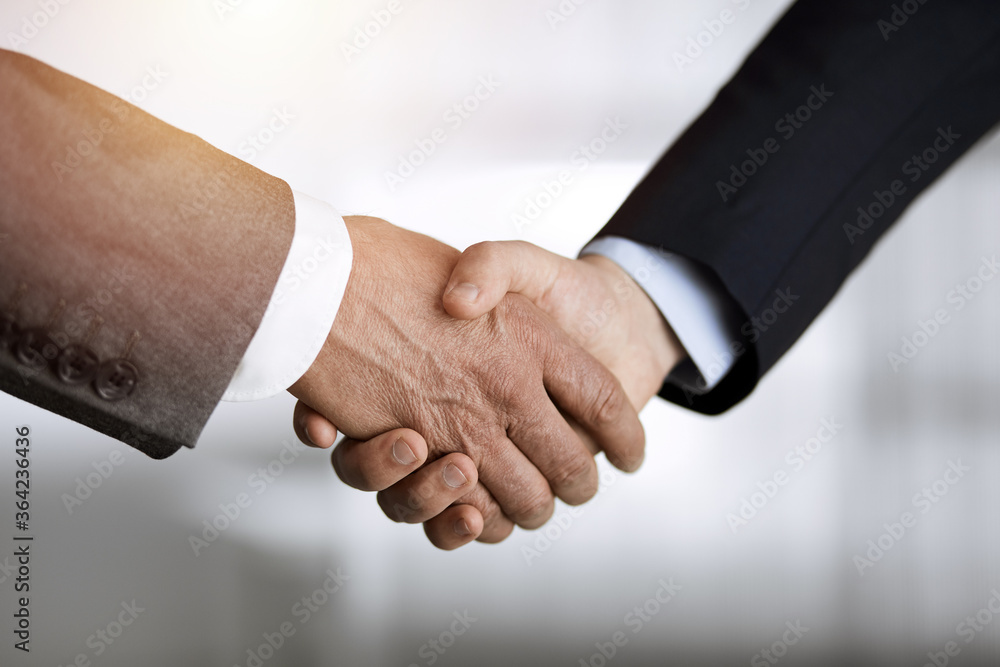 Business people standing and shaking hands in sunny office, close-up. Handshake and marketing Business people standing and shaking hands in sunny office, close-up. Handshake and marketing