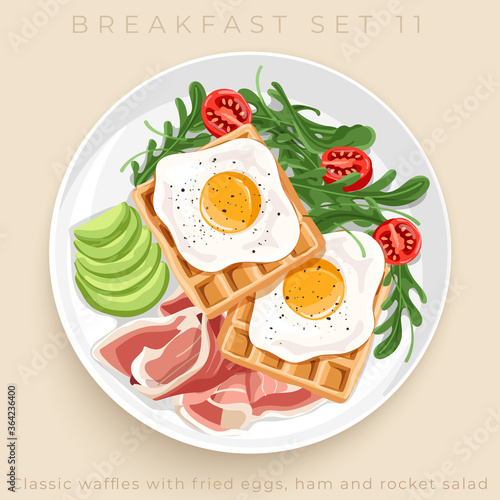 Top view of delicious breakfast set isolated on beige background : Vector Illustration