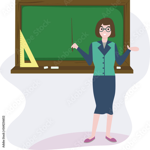 school teacher. Woman teaches science and mathematics at school. On the background of the school blackboard.  Back to school. Vector illustration