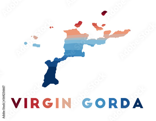 Virgin Gorda map. Map of the island with beautiful geometric waves in red and blue colors. Vivid Virgin Gorda shape. Vector illustration.