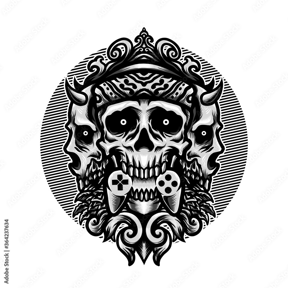 Vector illustration of Three Creepy Skull with a Smile, horn, bandana and grab gaming pad on the White Background. Hand-drawn illustration for mascot sport logo poster t-shirt printing. Vector Logo