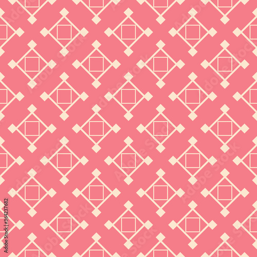 Geometric seamless pattern. Beige sqaure print on pink background photo