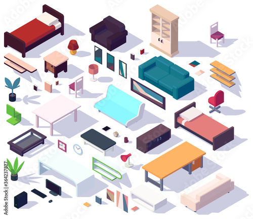 set of isometric low poly furniture, couch, armchair, chair, table, desk, shelf, plant, lamp, locker, rack, book, computer, clock, vector illustration