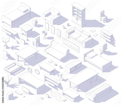 set of isometric low poly outline furniture, couch, armchair, chair, table, desk, shelf, plant, lamp, locker, rack, book, computer, clock, vector illustration