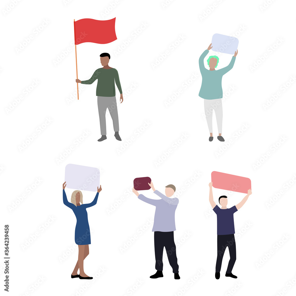 Colored cartoon people with placard and banner, riot and meeting Colored cartoon people with placard and banner, riot and meeting