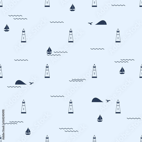 mini simple oceanic silhouette, lighthouse, whale, waves, yacht seamless pattern for background, wallpaper, texture, textile, banner, label, summer theme