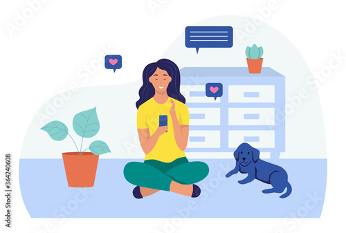 A young woman is sitting with a phone on the floor. The concept of online communication, Internet addiction, daily life, everyday leisure and work activities. Flat cartoon vector illustration.