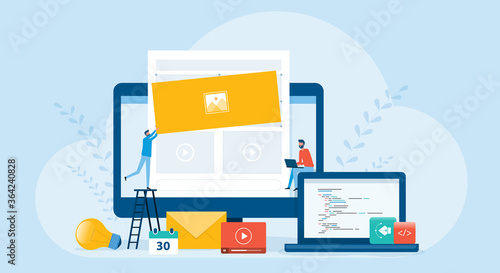 Flat illustration business team working and web develop and web design build website homepage concept