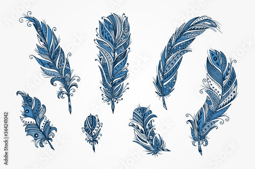 Vector Set of Ethnic feather. Hand Drawn Tribal Feathers. Decorative feathers. Vintage blue Feather.

