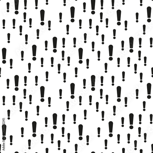 Vector seamless pattern with exclamation point. Black and white simple background design. Hazard warning hand draw symbol. Vector seamless pattern on white background.