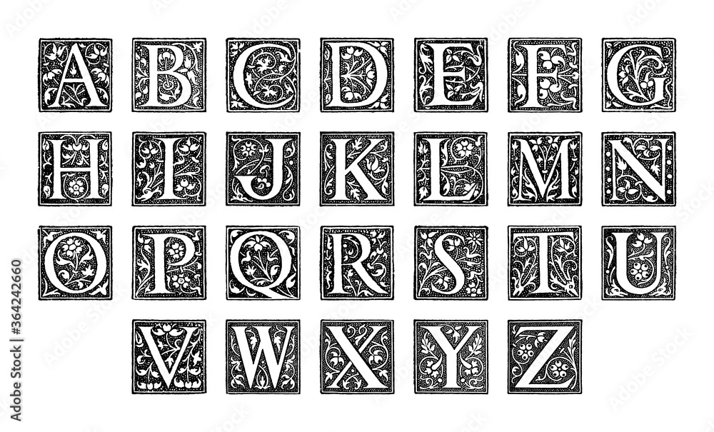 Old alphabet - decorative ornamental capital letters - vintage vector illustration from Petit Larousse Illustré 1914	
