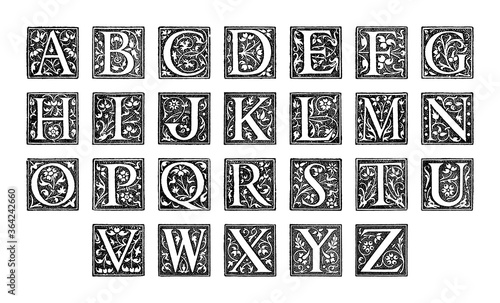 Old alphabet - decorative ornamental capital letters - vintage vector illustration from Petit Larousse Illustré 1914	