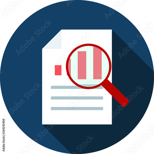 Document, chart with magnifier flat icon on blue background, vector symbol