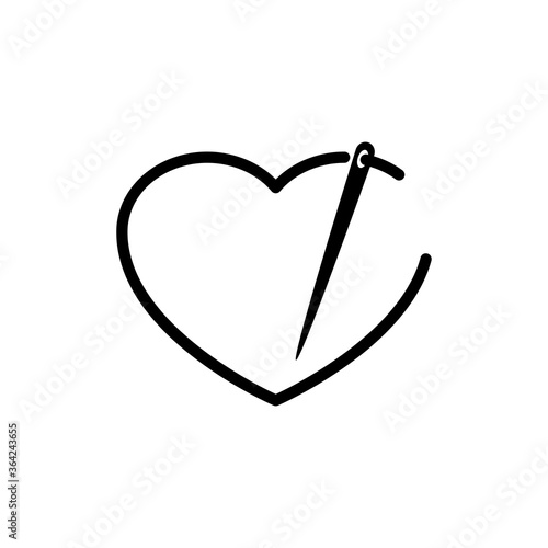 Logotipo lineal hilo en forma de corazón con aguja de coser en color negro