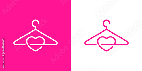 Concepto tienda de ropa. Logo lineal percha y corazón en fondo rosa y fondo blanco