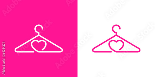 Concepto tienda de ropa. Logo lineal percha y corazón en fondo rosa y fondo blanco