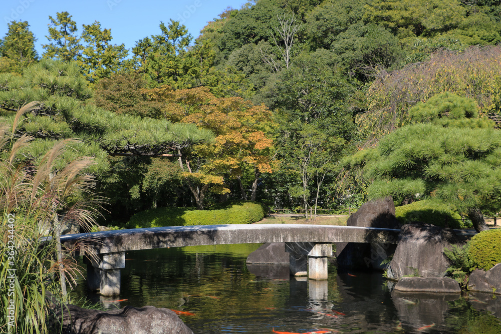 HIMEJI JAPAN OCTOBER 12 2019 toro Japanese stone lantern Kōko-en garden near Himeji Castle japan, HIMEJI JAPAN OCTOBER 12 2019 toro Japanese stone lantern Kōko-en garden near Himeji Castle japan,