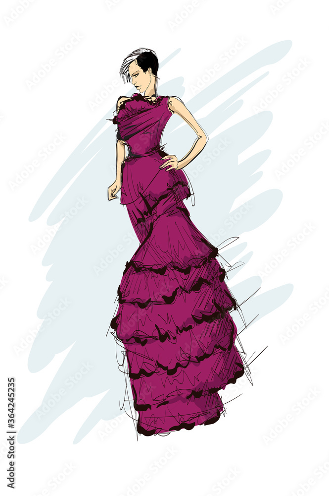 Beautiful young woman in modern style. Hand drawn stylish woman portrait. Fashion lady. Festive outfit. Sketch. Fashion model posing in dress. Hand drawn fashion woman. Beautiful young woman in modern style. Hand drawn stylish woman portrait. Fashion lady. Festive outfit. Sketch. Fashion model posing in dress. Hand drawn fashion woman.