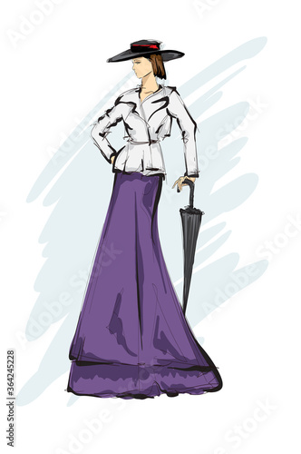 Beautiful young woman in modern style. Hand drawn stylish woman portrait. Fashion lady. Festive outfit. Sketch. Fashion model posing in dress. Hand drawn fashion woman.