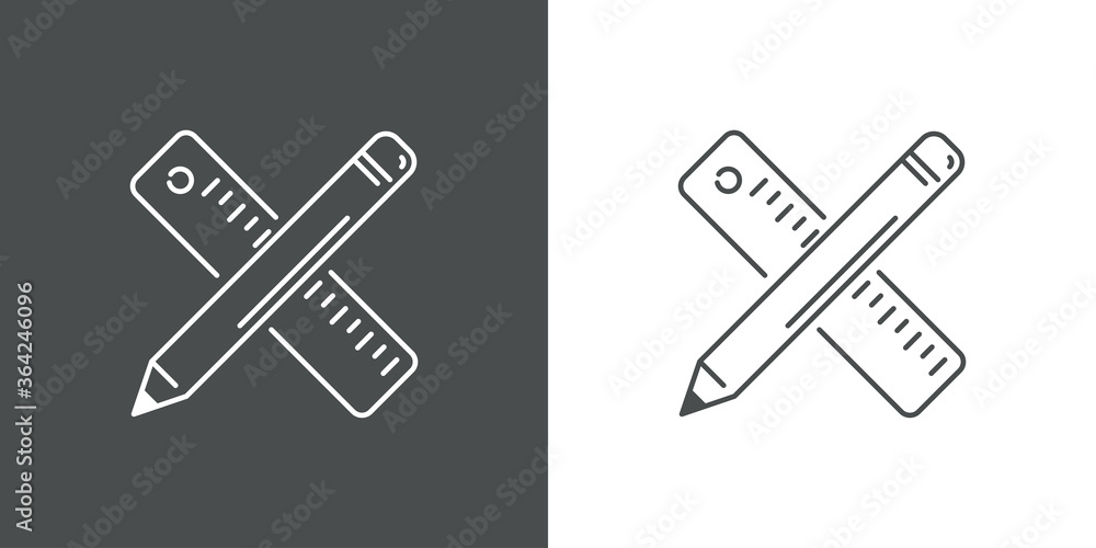 Concepto material de dibujo. Icono plano lineal regla y lapiz cruzados en fondo gris y fondo blanco Concepto material de dibujo. Icono plano lineal regla y lapiz cruzados en fondo gris y fondo blanco